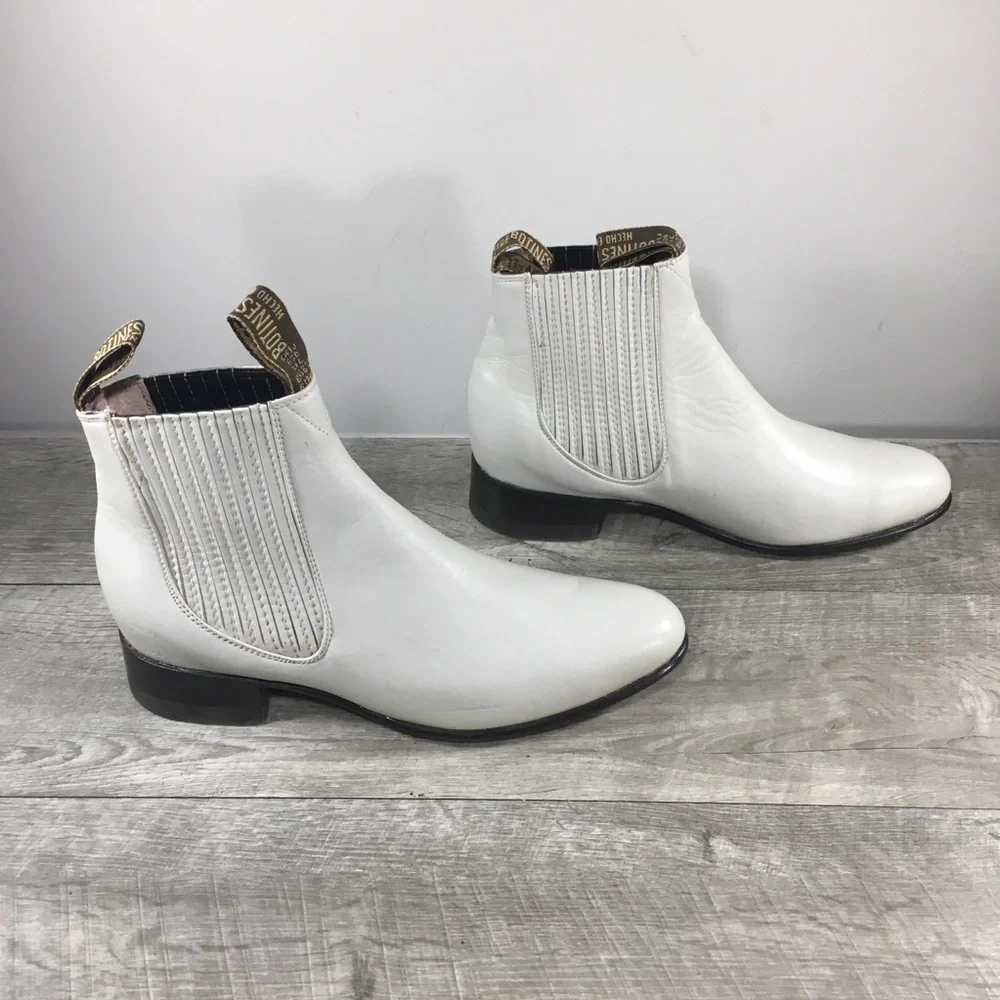 Lara Men’s White Leather Vaquero Slip-On Chelsea Western Botines Ankle Boots 7.5